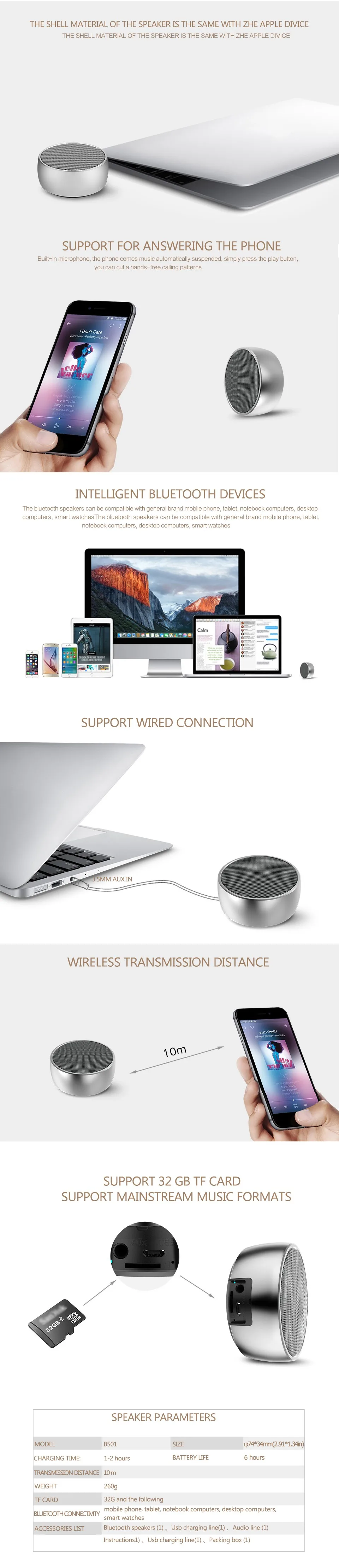 BS01 Mini Bluetooth4.0 Speaker Portable Bass Stereo Speaker with Microphone SD TF Card Speakers