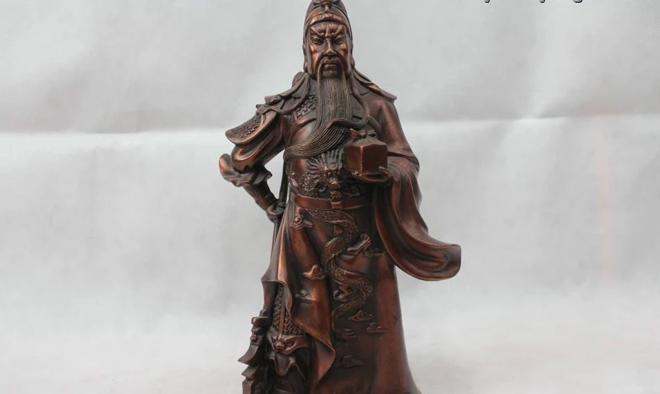 

12"China Chinese Fengshui Bronze Stand Guan Gong Guanyu seal stamp Statue