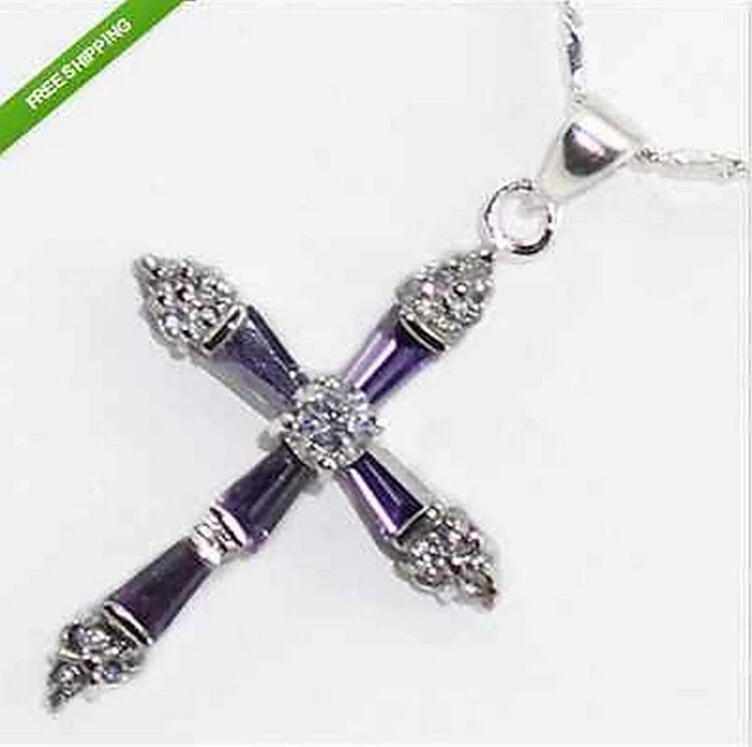 

shipping Beautiful Silver purple amethyst Cross pendants Necklace