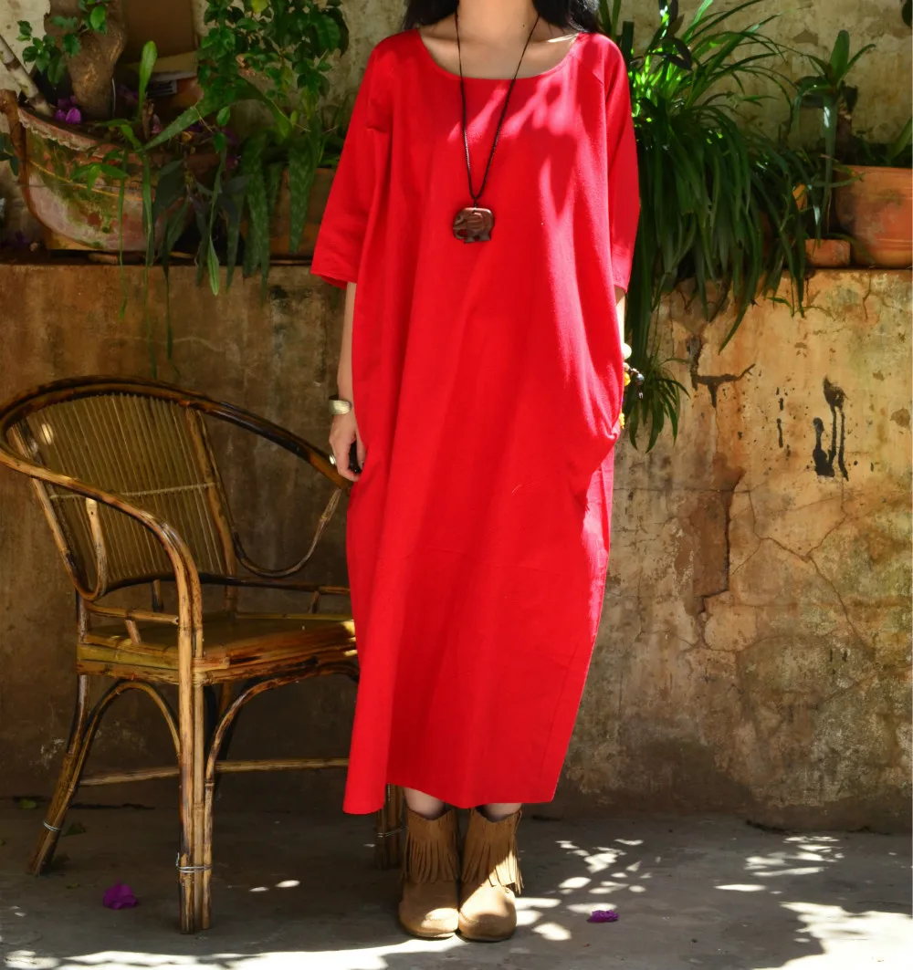 Летнее платье женское Оригинальное винтажное платье из льна и хлопка большого размера Свободный длинный халат Повседневная однотонная одежда с круглым вырезом и коротким рукавом