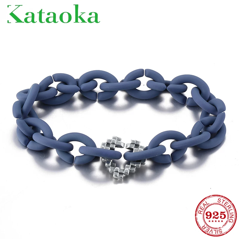 

Fashion Ocean Blue Hard Rubber Bracelets 925 Silver Hearts Charm Beads Bracelet women Jewellery Hip hop style