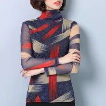 Зимние Женская Мода Тонкий эластичный Высокий воротник печать плюс бархат под Рубашки для мальчиков Топы корректирующие женские Повседневное руно High Street футболки