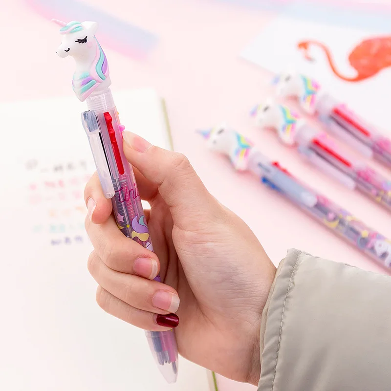 Милая Шариковая ручка 6 цветов, Многоцветная Шариковая ручка, кавайные ручки, Радужный Единорог, канцелярские принадлежности для студентов и школьников