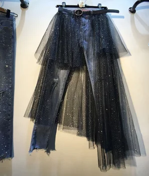 

New Spring Autumn High Waist Jeans for Women Faux Two Piece Gauze Patchwork Ankle-length Pants Elasticity Denim Pencil Jeans