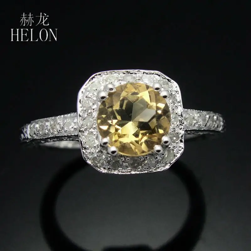 

HELON Sterling Silver 925 Gemstone Round 6MM Natural Citrine Real Diamonds Vintage Filigree Antique Engagement Wedding Fine Ring