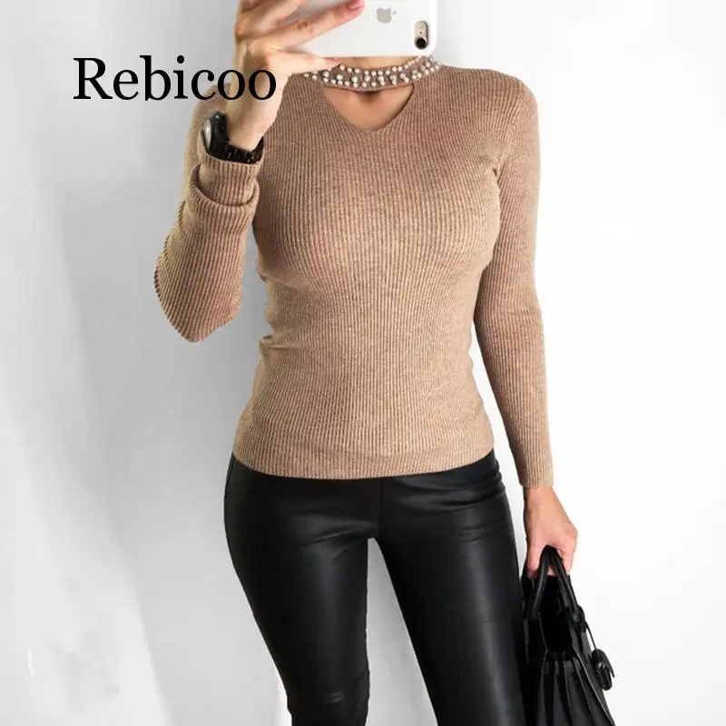 

2019 Autumn Slim Pearl Sweater Ms. Halter Knit Pullover Sweater Sexy Winter Top Slim V-neck Long Sleeve Sweater
