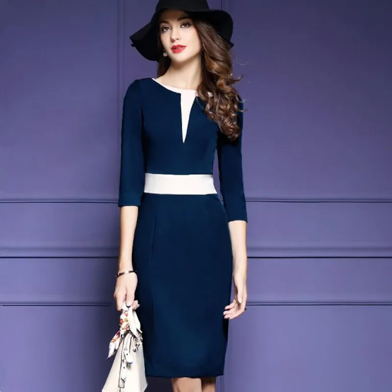 Демисезонный торжественное платье Для женщин Элегантный для Повседневная обувь Офисные женские туфли Винтаж вечерние миди синее женское платье-карандаш плюс Размеры