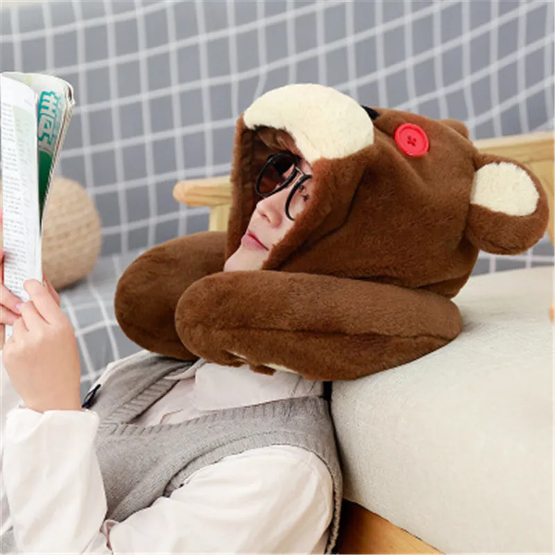 Корейская креативная мультяшная Подушка Anne Bear u-образная подушка для шеи, соединенная шапка, Автомобильный подголовник для путешествий, многофункциональная декомпрессия