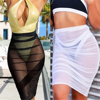 

Summer Hot Waist Layer Beachwear Swimwear High Waist Plain Bikini Cover Ups See Through Perspective Cover Ups Sun Pencil Skirt