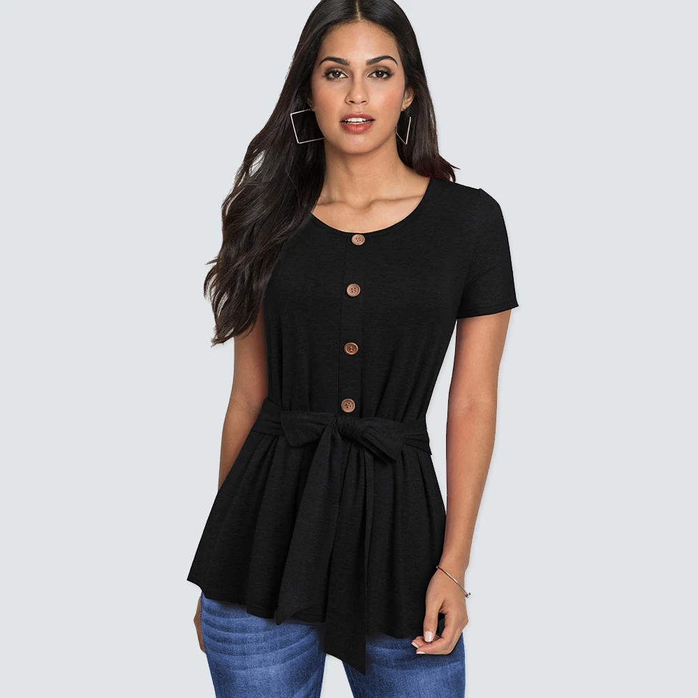 

Women Basic Short Sleeve Bow bandage T Shirt Wooden button Slim Round- neck Casual Tops HT038