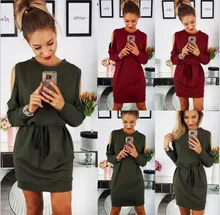 S-XL o neck long sleeve off shoulder mini dress wrap waist pure color brand short dress autumn winter sashes dress trendy off the shoulder pure color mini dress for women