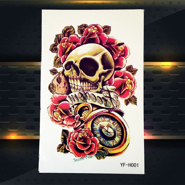 071 Hot Punk Crâne Tatouage Manchon étanche Taille Du Corps Art Tatoo Crâne Horloge Rose Fleur Bras Décalcomanies Temporaire Tatouage Autocollants