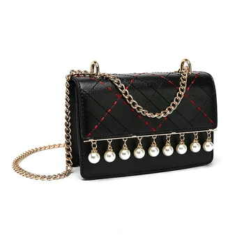 

Pearl Tassel Linger Pu Leather Fashion Ladies Chain Purse Handbag Shoulder Bag Female Messenger Bag Portable Flip Bag Black