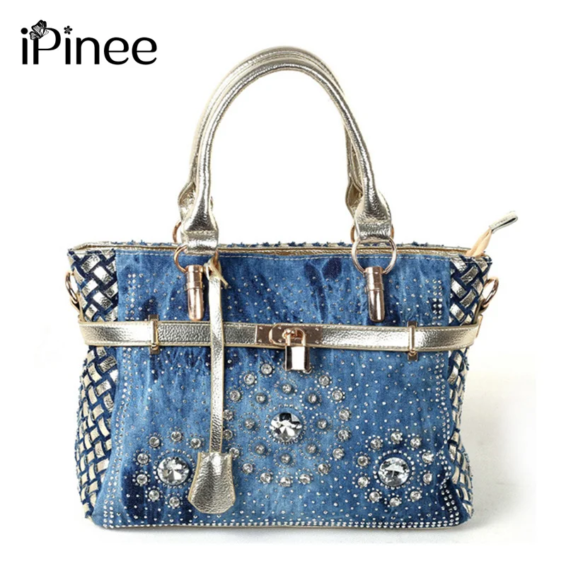 

iPinee Summer 2019 Fashion womens handbag large oxford shoulder bags patchwork jean style and crystal decoration blue bag