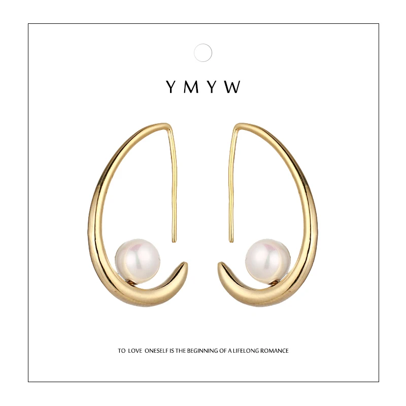 

YMYW Brand D Shape Golden Cute Stud Earrings Imitation Pearl Elegant OL Stylish Metal Accessaries For Women Career Gift Jewelry