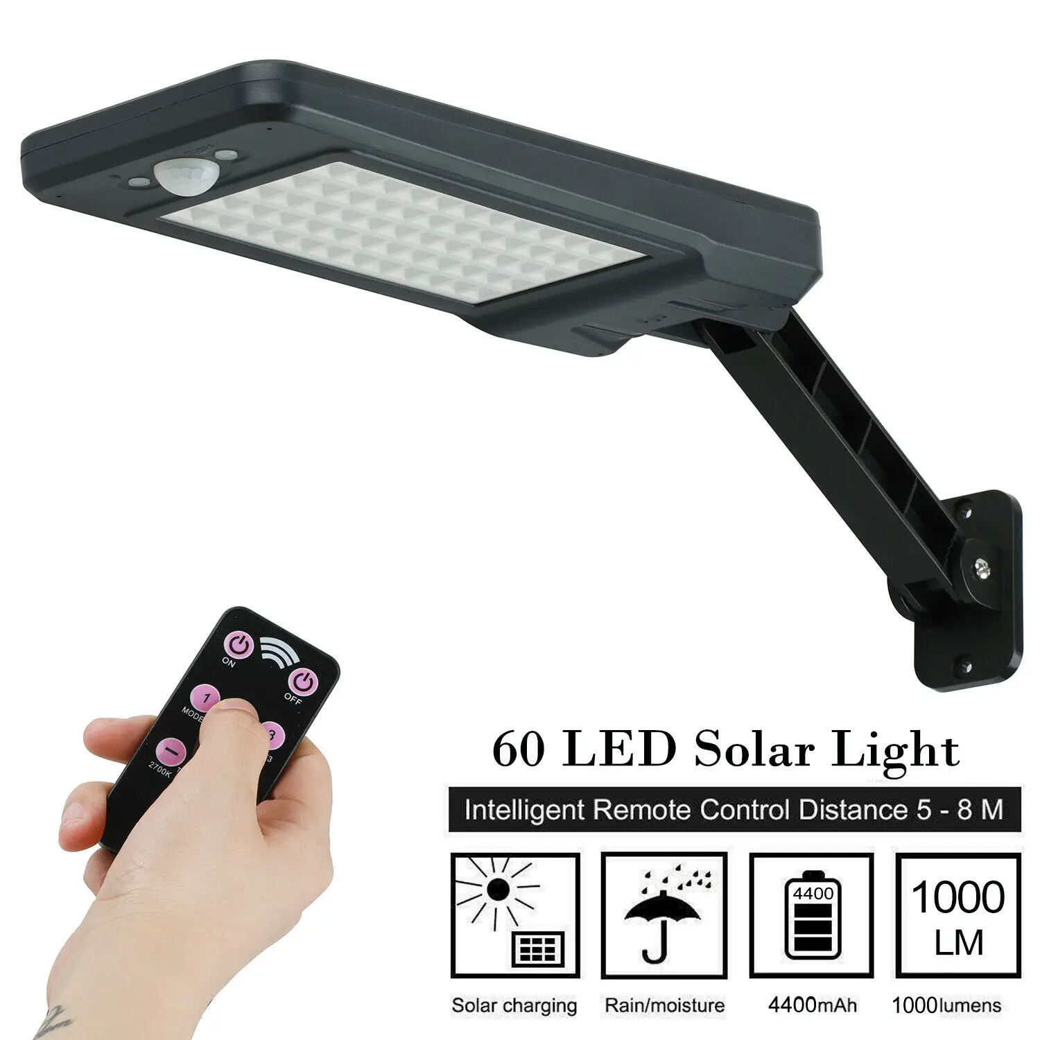

60LED Solar Lights Wall Lamps Remote+Light+Radar Sensor Control Waterproof PIR Motion Sensor Street Light Garden Outdoor Lamp
