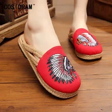 Women Slippers For Women Shoes Hemp Indian Embroidery Casual Female Footwear Linen Canvas Fashion Casual Ladies Shoe SNE-177