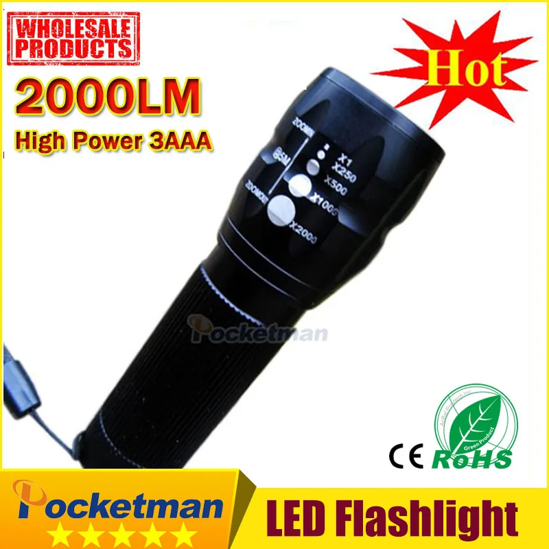 

2000Lumens 3-Mode LED military laser led Flashlight Zoomable Focus Torch Free shipping