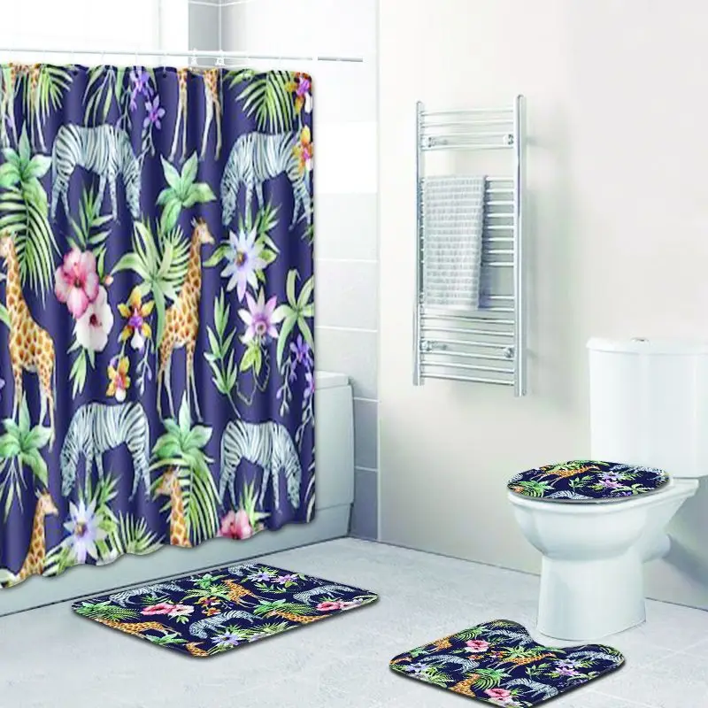 Zeegle 4Pcs/set Bathroom Mat Set 3D Printed Anti Slip Kitchen Bath Mat Coral Fleece Floor Mats Washable Bathroom Toilet Rug