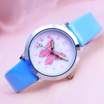 

2018 new top brand hot children girls leather strap quartz watches lovely colorful cartoon butterfly Luminous pointer kids gifts