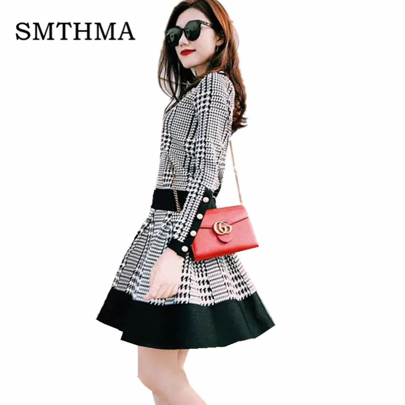 

2019 New Fashion winter Women's Houndstooth stitching button Knitted Sweater + High Waist Skirt Two Piece Ladies Skirt Suits