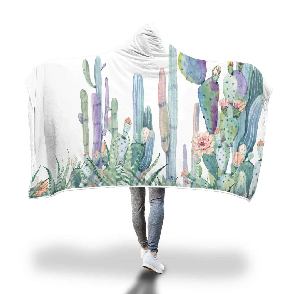 

Velvet Plush Warm Cactus Plant Printed Hooded Blanket for Adults Kid Floral Sherpa Throw on Sofa Bed Gothic Microfiber 150x200cm