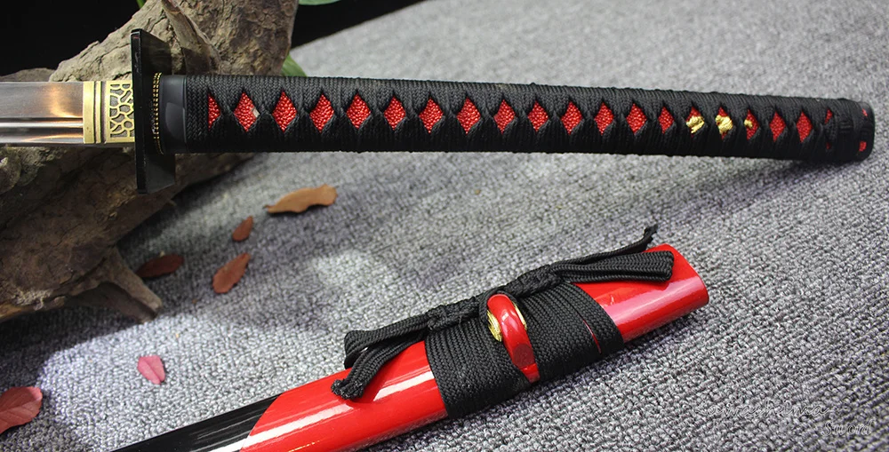 46 Inch Length Handmade Naginata 1060 High Carbon Steel Blade Japanese Samurai Sword Red / Black Scabbard Battle For Ready