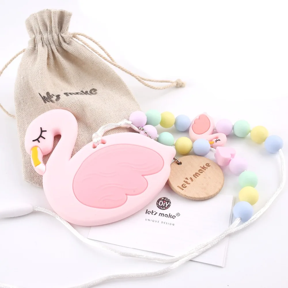 

Let's Make 1PC Baby Teether Nursing Necklace Animal Shape Flamingo With Bag Chew Silicone Beads Food Grade Teether Accessories