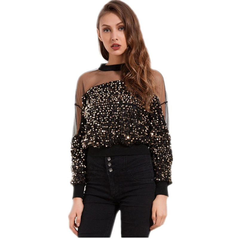 

Sequin Mesh Patchwork Female Shirt Hollow Out Blouses Crop Top O-Neck Fashion Long Sleeve Lady Streetwear 2019 Spring Fashion