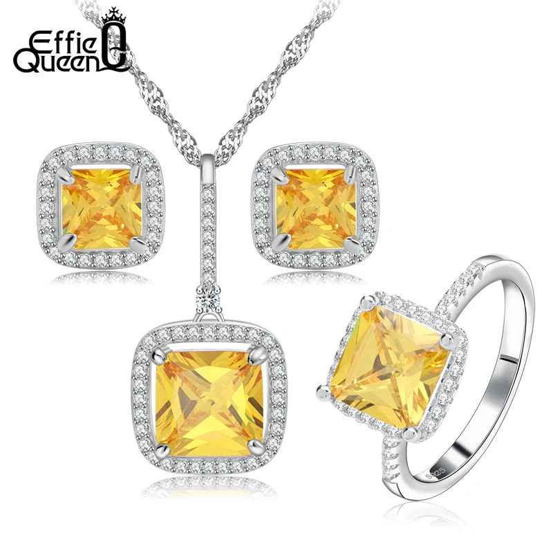 

Effie Queen New Yellow color Zircon Bridal Wedding Jewelry Sets with Necklaces & Earring & Ring Jewelry Set For Women WS67