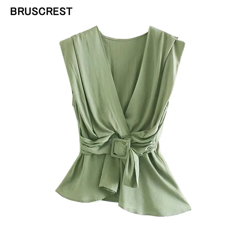 

Vintage women elegant deep V neck blouse sleeveless pleated sashes female tunic shirts Summer chic tops blusas boho clothing