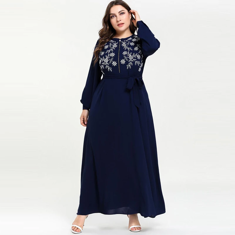 2019 женская Абая, для мусульман, платье с вышивкой, большие размеры, передняя молния, кафтан, Арабский кафтан, мусульманские платья с поясом