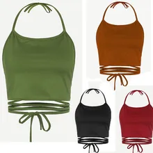 Женский бандажный укороченный топ, летний, без рукавов, сексуальный, открытая спина, жилет, Холтер, топы, Пляжная блузка, modis, футболка, poleras mujer