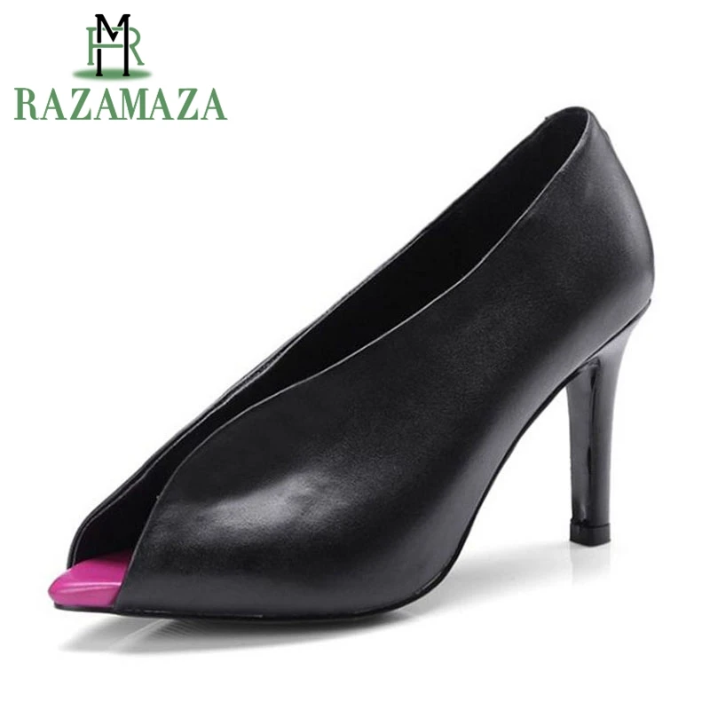 

RAZAMAZA Women Pumps Luxury Brand Real Leather High Heels Shoes Women Sexy Peep Toe Catwalk Show Designer Shoes Size 33-40