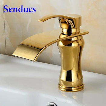 

Free shipping Hot Sale gold Waterfall Bathroom Faucet for Deck Mounted Brass Vanity Sink Mixer Tap with Hot Cold golden faucet