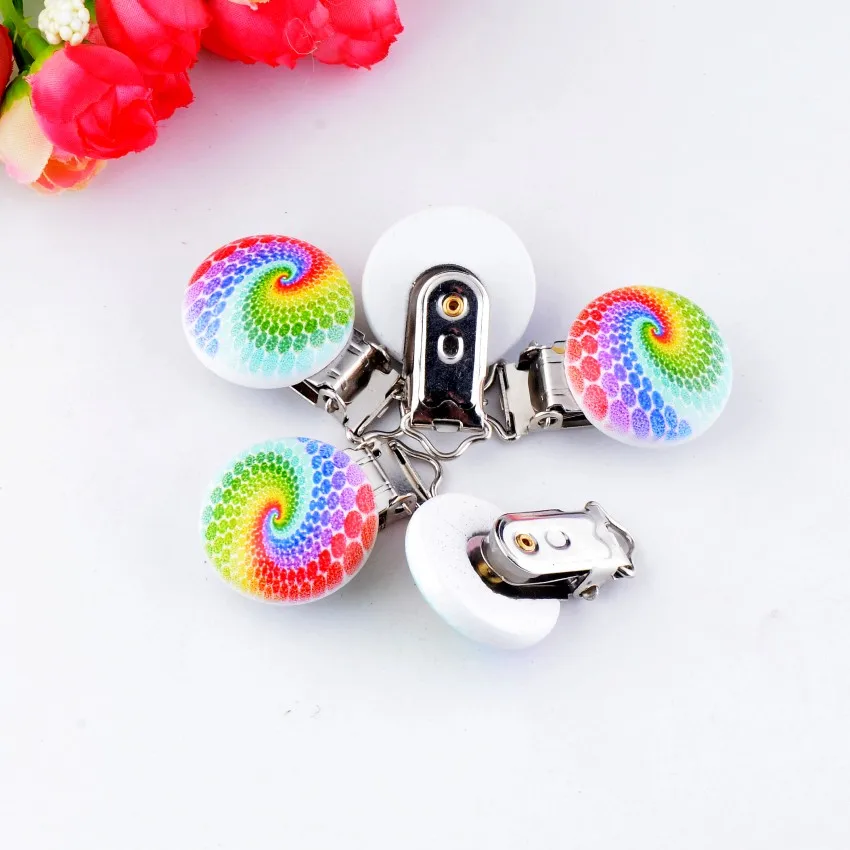 

10PCs Baby Pacifier Clips Mixed Multicolor Pattern White Wood Metal Holders Cute Infant Soother Clasps Accessories 4.4x2.9cm