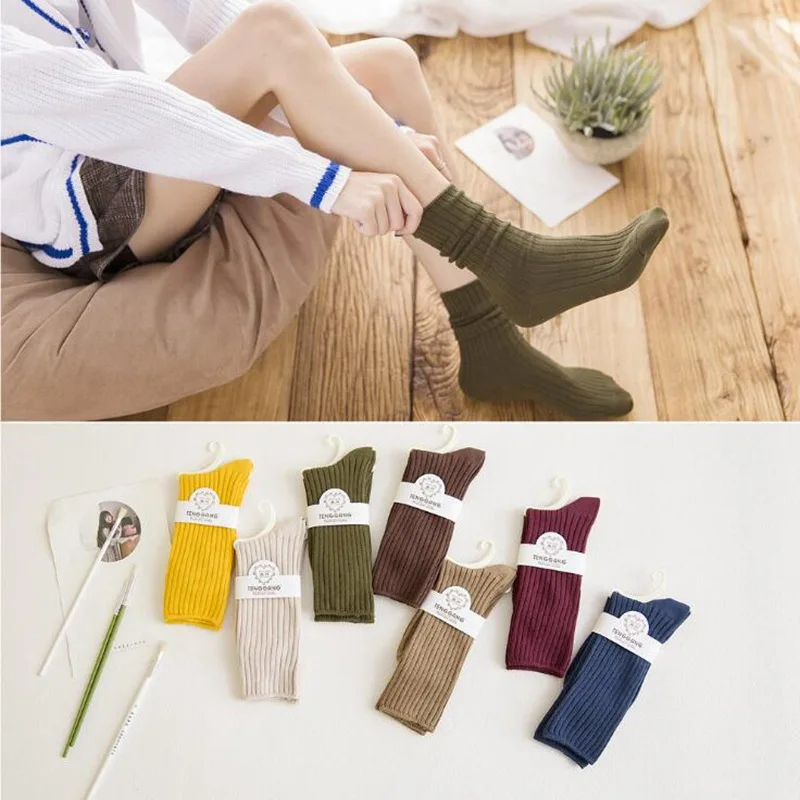 

Japanese High School Girls High Socks Loose 11 Solid Colors Double Needles Knitting Cotton Casual Socks Women High Quality Socks