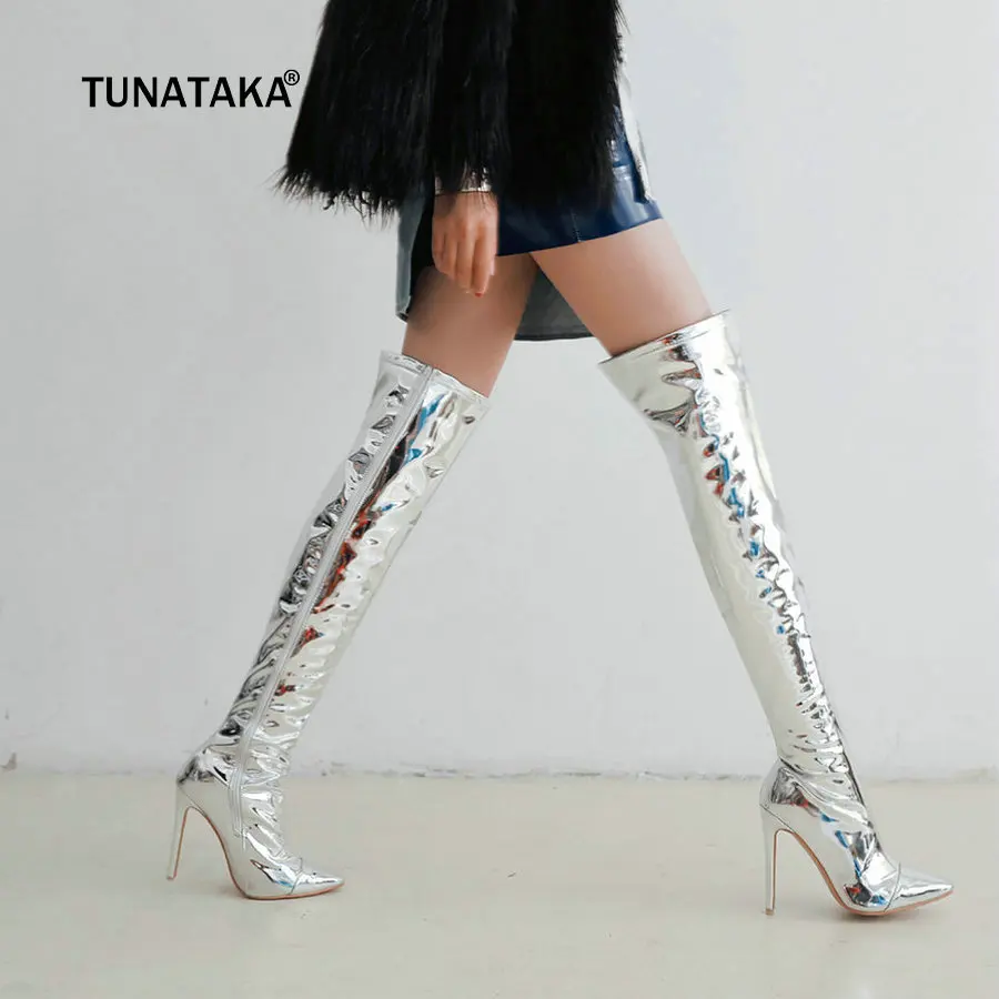 

Plus Size 43 Shining Fashion Over the Knee Boots Sexy Thin High Heel Boots Pointed Toe Zipper Night club Winter Warm Shoes 2018