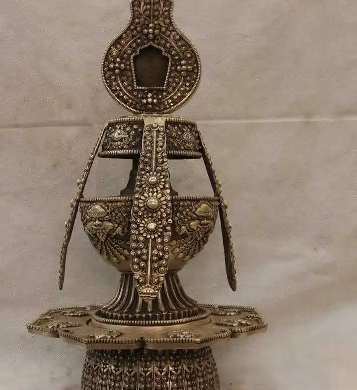 Tibet Buddhism Buddha White Copper Silver Carved Eight treasures Pot