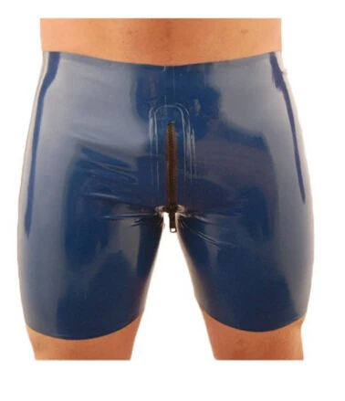 Sexy Mens Latex Shorts Fetish Rubber Pants with Two-way Front Crotch Zipper
