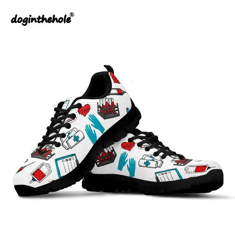 

Doginthehole Phlebotomist Pattern Sneakers Nurse Shoes Women Mesh Breathable Female Outdoor Fitness Round Toe Walking Shoes