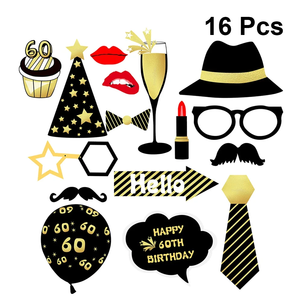 

16pcs 60th Birthday Party Props Photobooth Props Stickers Set Selfie Prop On Stick Adult Birthday Decoration Combination