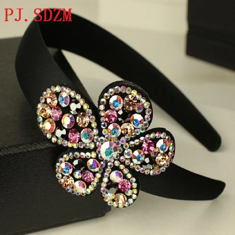 Luxury Czech Diamond Hair Accessories Flower Shinning Crystal Hair Bands Women Fashion Wide Hairwear 3 Colors