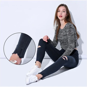 

Babbytoro Leggings For Women Intimate Jeans Knee Ripped Skinny Stretch Plus 5XL 4XL M Black Navy Pocket Legin Pants Feminina