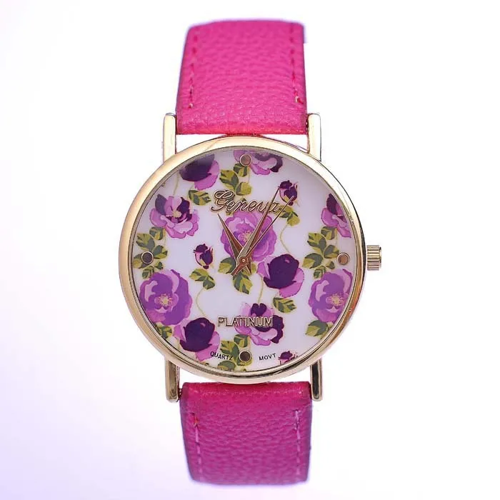 TGJW592 Vogue Women Dress Watches PU Strap Quartz Big Round Watch-face With Purple Rugosa Rose Pattern | Наручные часы