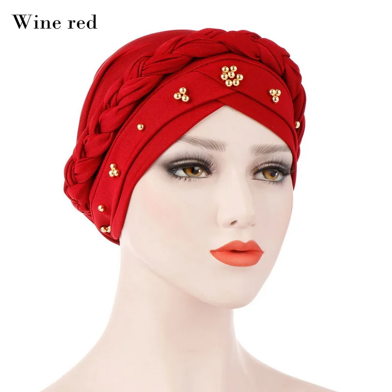 WENYUJH женский Эластичный Тюрбан шляпа мусульманский хиджаб исламский бисер Кепка chemo дамы хиджаб стрейч головной убор обернуть головной платок - Цвет: wine red