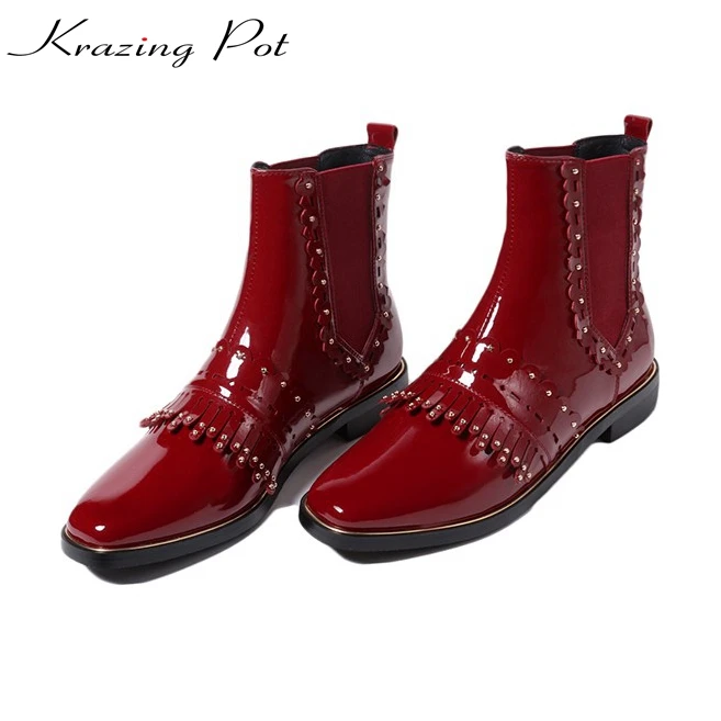 

Krazing Pot cow patent leather thick low heels streetwear fringe flowers boots rivets square toe Chelsea women Chelsea boots L39