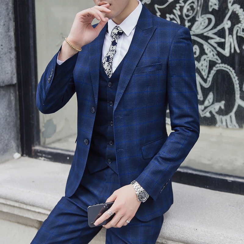 New Fashion Men Plaid Suit Asian Size 4XL 5XL Slim Design Men Blazer Jacket and Pants with Vest High Quality Men Wedding Suits