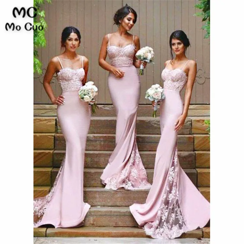 Stylish Mermaid Spaghetti Straps Pink Satin Long Bridesmaid Dress with Appliques44