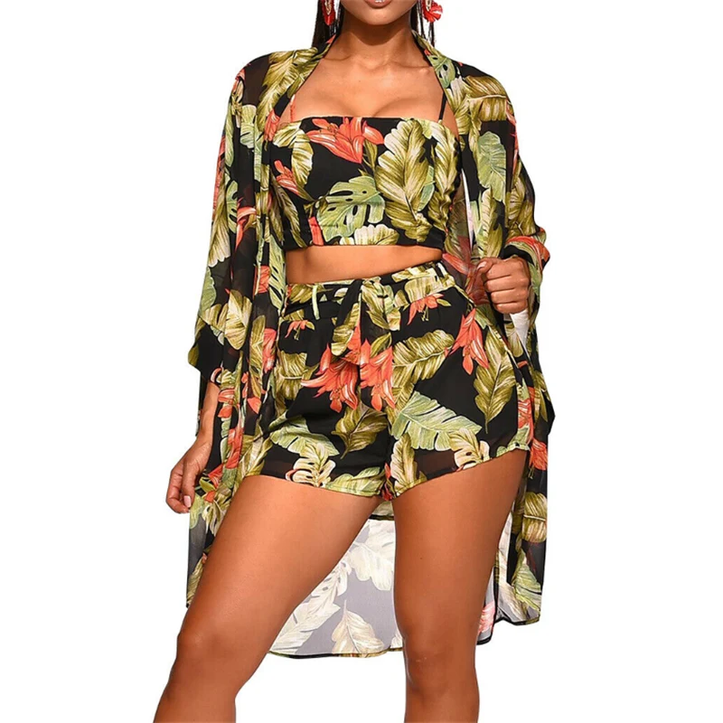 Summer New Women Boho 3Pcs Floral Print Cardigan Blouse+Crop Top+Shorts Lady Holiday Beach Three Pieces Set Casual Shorts Sets